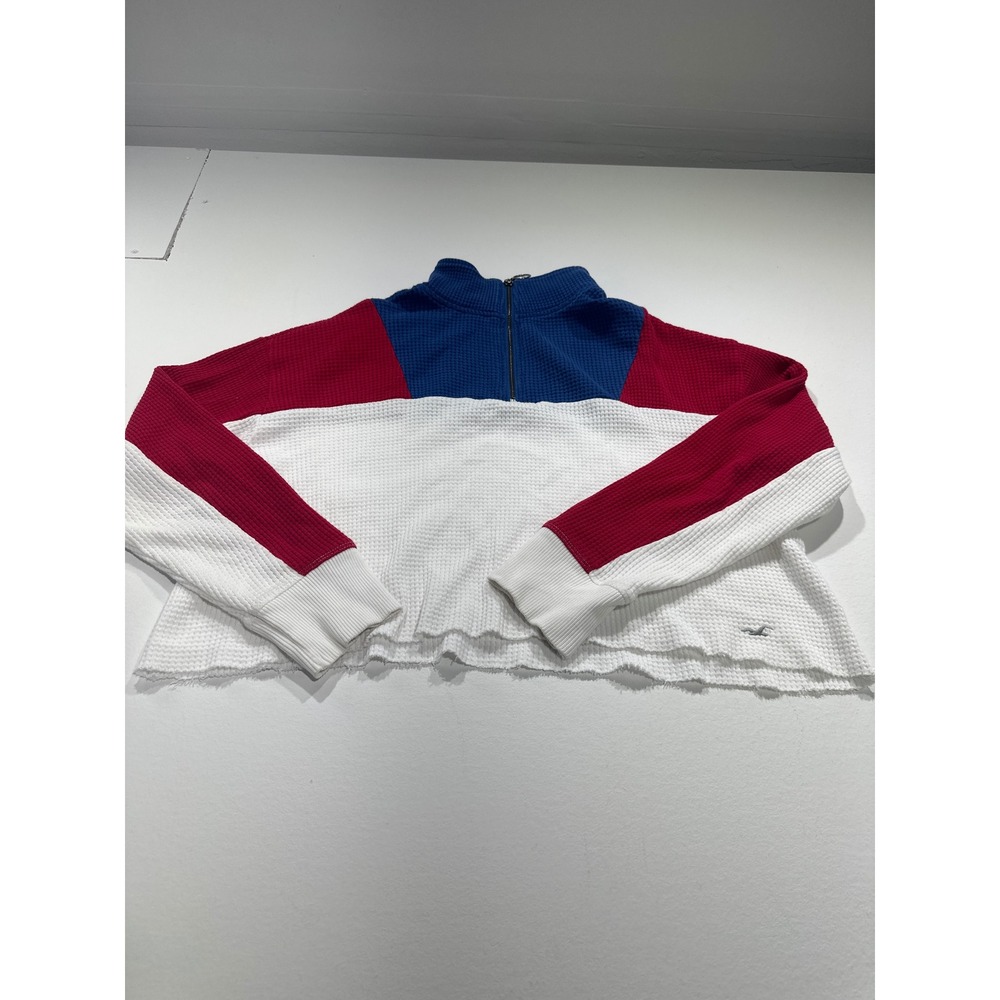 Hollister Womens XS Colorblock Waffle Knit Quarter Zip Crop Top Red White Blue